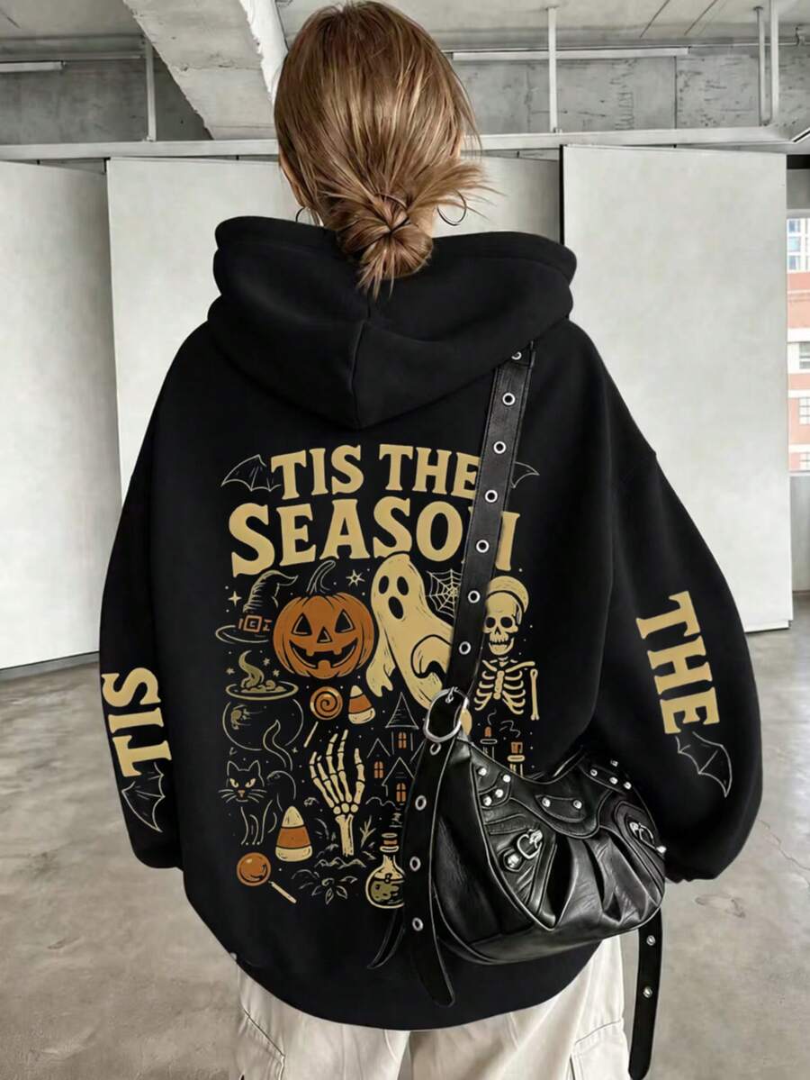 TLS Halloween Letter Print Pattern Sweatshirt, Plus Size Women's Casual Autumn/Winter Long Sleeve Pocket Hooded Sweatshirt Black - Black - View 1