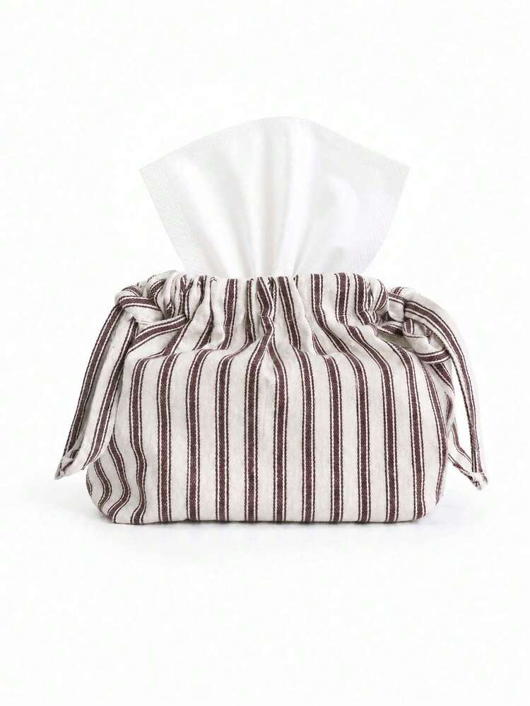 1PC Striped Drawstring Fabric Tissue Bag, Retro Stripe Cloth Tissue Box Cover, Decorative Soft Linen Tissue Holder, Portable Tissue Storage Pouch For Home Decor, Living Room, Bedroom, Coffee Table, Car, Farmhouse Style Tissue Dispenser Cover - Multicolor - View 10