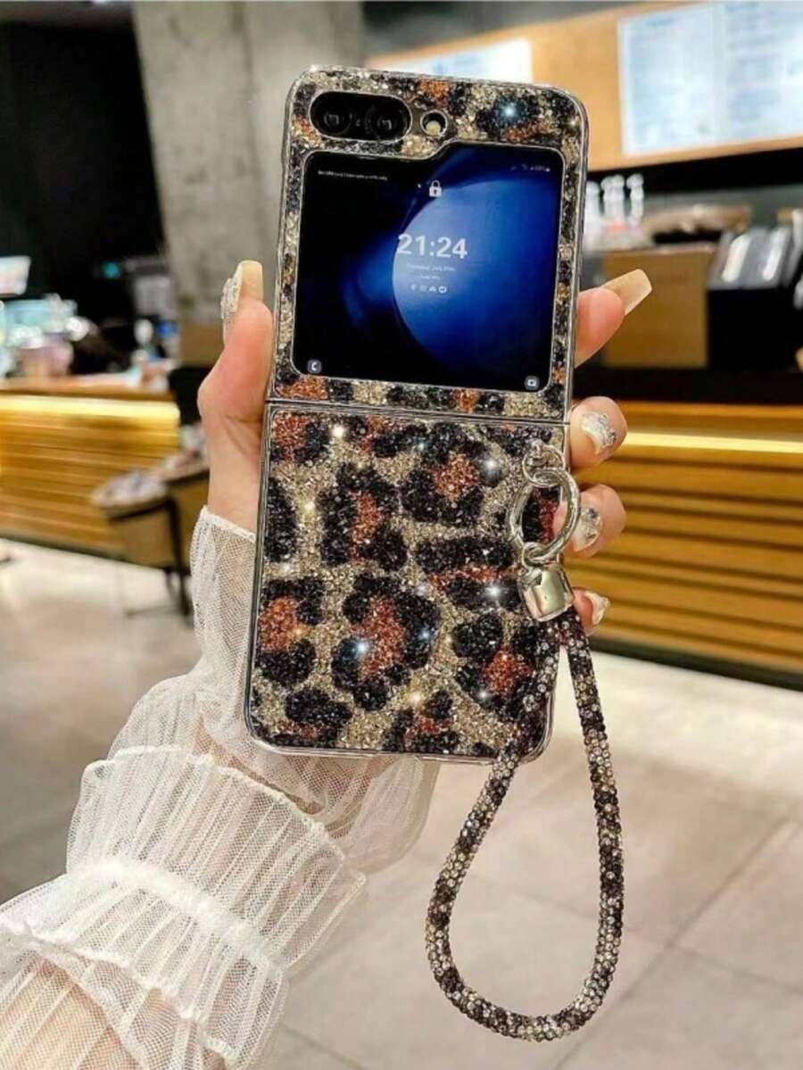 电镀水钻豹纹手机壳适用于三星 Galaxy Z Flip6、可折叠屏幕翻盖保护套、奢华高端时尚女式、Galaxy Z Flip5/Z Flip4/Z Flip3、随机豹纹图案防水防震防摔防刮 - 棕色 - 查看 1