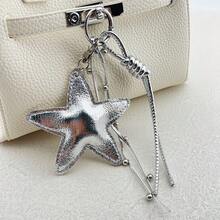 Shiny Silver PU Five-Point Star Shaped Key Chain With Multi-Layer Long And Short Silver Leather Tassels, Mini Metal Beads And Thick Silver Spiral Rope, Openable Silver Spring Key Ring, Universal For Girls, Backpack Charm, Car Key Pendant, Millennium Minimalist Style, Daily Affordable Small Gift - Silver - View 1