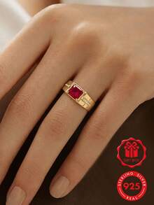 1pc 925 Sterling Silver Gold-Plated Square Cubic Zirconia Business Ring, Daily Wear Anniversary Gift, Comes With Gift Box - Gold - View 4