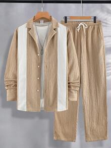 Men's Autumn 2 Pieces Set, Striped Colorblock Suit Collar Long Sleeve Shirt With Wavy Textured Casual Pants, Loose Fit For Travel, Shopping, Vacation, Daily Commute And Outings - Apricot - View 2