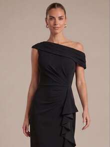 EVERPRETTY Elegant Asymmetrical Shoulder Ruffle Mermaid Black Mid-Length Evening Dress, Suitable For Formal Occasions, Evening Parties, Weddings, Guest Dress - Black - View 8