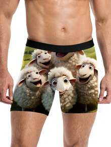 1Pc Men's Vivid Smiling Sheep Herd Print Boxers,All Over Cheerful Cartoon Woolly Sheep Pasture Graphic, Lovely Farm Fashion Underwear For Everyday Use - Black - View 2
