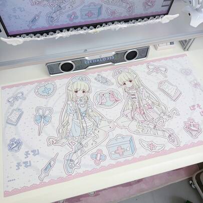 Japanese Amine Lolita Skirt Girl Pink Lace Doctor Full Screen Star PU Leather Desk Pad Protector Y2K Kawaii Korean Ins Mouse Pad Office Desk Mat Waterproof Non-Slip Desk Blotter Pad