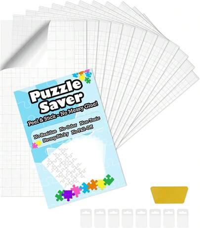 Puzzle Saver Sheets Glue Adhesive - Zero Mess &Amp; Bubble Free, Clear Peel And Stick Puzzle Backing 12 Pcs With 1 Scraper 6 Hangers 1 Manual, Tape
