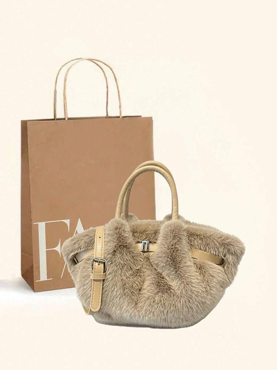 Autumn/Winter New High-End Pleated Cloud Fluffy Faux Rabbit Fur Handbag, Versatile Lady-Like Fuzzy Elegant Belt Decor Shoulder Bag, Suitable For Commuting, School, Shopping, Vacation, Party