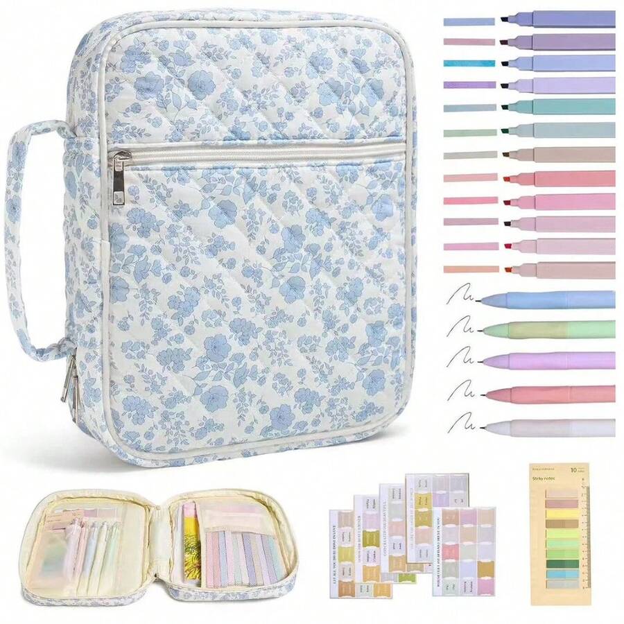 Quilted Women Bible Cover Case, Large Bible Study Storage Bag With Highlighters Index Tabs, Christian Journaling Kit Gift For Mom Mother's Day - Blue - View 1
