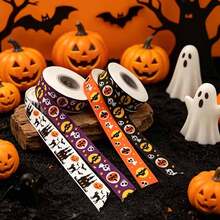1 pieza Cinta con patrón de calabaza y murciélago de Halloween, cinta para envolver regalos, cinta decorativa de Halloween, tamaño 2.5cm*10, cinta acanalada para pastel de cumpleaños festivo, adecuada para envolver regalos, decoración de fiesta de Halloween y manualidades DIY - Multicolor - Ver 1