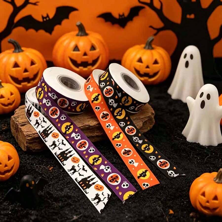 1 pieza Cinta con patrón de calabaza y murciélago de Halloween, cinta para envolver regalos, cinta decorativa de Halloween, tamaño 2.5cm*10, cinta acanalada para pastel de cumpleaños festivo, adecuada para envolver regalos, decoración de fiesta de Halloween y manualidades DIY - Multicolor - Ver 1