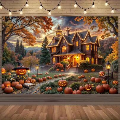 1 Piece Of Halloween Background Cloth With Autumn Pumpkin Haunted House, Witch Hat, Pumpkin Lantern, Autumn Maple Leaf Design, Suitable For Halloween Party Decoration, Photo Booth Props.
