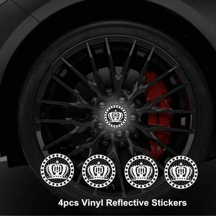 4pcs/Set Crown Pattern Car Wheel Hub Reflective Stickers - Vinyl Self-Adhesive Safety Warning Stickers, Suitable For SUV And Trucks, Fashionable Appearance Decorative Stickers, Enhance Night Driving Safety, Made Of High-Grade Reflective Vinyl Material, High Visibility In Low Light/Dark Environments, Waterproof And Weather-Resistant, Suitable For Outdoor Use, Easy To Apply On Wheel Rims - A - View 16