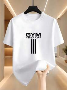 This Men'S Casual T-Shirt Features The Slogan "GYM THERAPY" And A Striped Print, Exuding Sporty Energy.It'S Perfect For Both Fitness And Everyday Wear - White - View 7