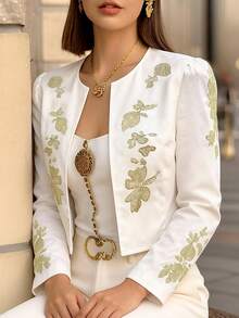 Women's Spring/Autumn Elegant Fashion Round Neck Long Sleeve Embroidered Minimalist Casual Jacket - White - View 3