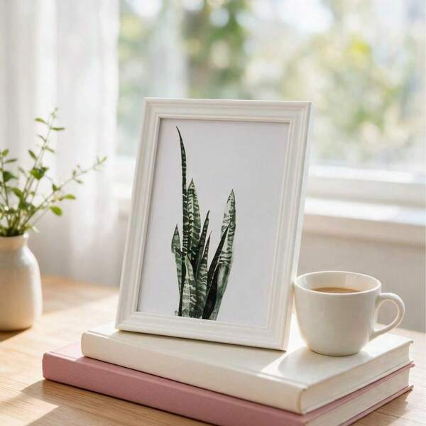 White Minimalist Green Plant Photo Frame, Vertical Plant Leaf Decorative Painting, Nordic Style Desktop
