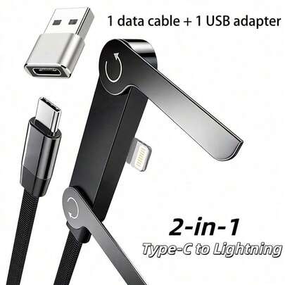 كابل بيانات قابل للطي 30W، 2 في 1 مرن من Type-C إلى Lightning، مناسب للشحن ومشاهدة الفيديوهات. يأتي مع محول USB إلى Type-C OTG، يمكن تحويل USB-C الذكر إلى Micro USB و Type-C الأنثى. متوافق مع موديلات و Galaxy S23/S22/S21/S20. ملاحظة: هذا الكابل يوفر الطاقة فقط، ولا يدعم نقل البيانات OTG. اتصال OTG يتطلب N