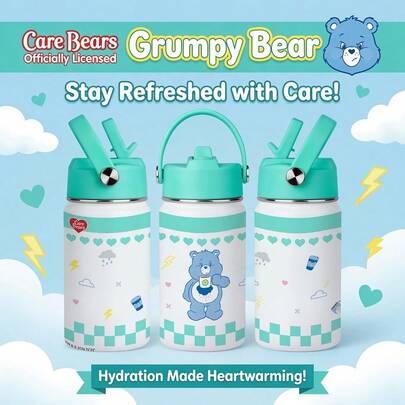 1 buah Gelas Minum Anak Berinsulasi Sedotan Bergambar Beruang Grumpy Care Bears 12oz, Botol Air Portabel Stainless Steel 304 dengan Tutup Pop-Up Sekali Klik, Gelas Air Sekolah Bayi