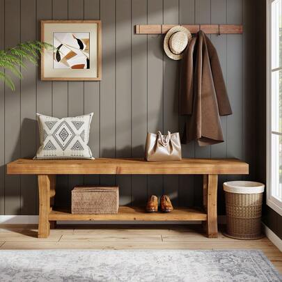 LITTLE TREE Banco de madera maciza de 140 cm, banco con almacenamiento de estilo rústico para pasillo, dormitorio y comedor
