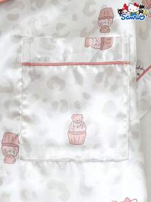 Set Piyama Satin Wanita Sanrio, Atasan Lengan Pendek Motif Leopard Hello Kitty dan Celana Pendek dengan Pita - Aprikot - View 5