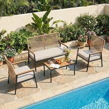 Outdoor Garden Bench Sofa With 8cm Seat Cushion, Rattan Rope Backrest, WPC Armrests, Metal Frame & Adjustable Feet, Loveseat For Garden Balcony Backyard ( 115*60*94.5cm) - Beige - View 4