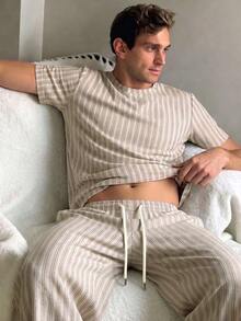 Men's Summer Striped Crew Neck Casual T-Shirt And Casual Long Pants Loungewear Set - Light Grey - View 1