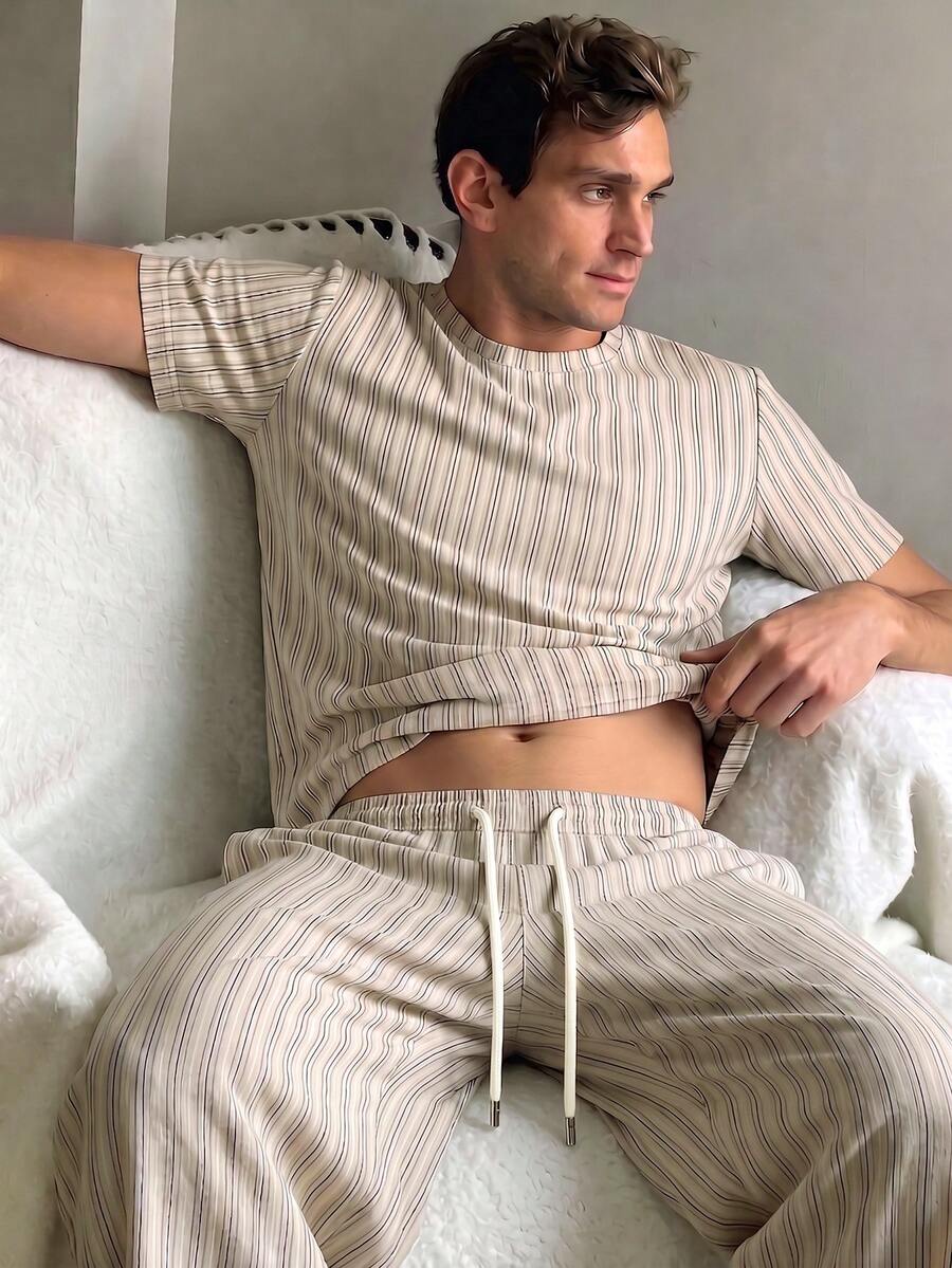 Men's Summer Striped Crew Neck Casual T-Shirt And Casual Long Pants Loungewear Set - Light Grey - View 1