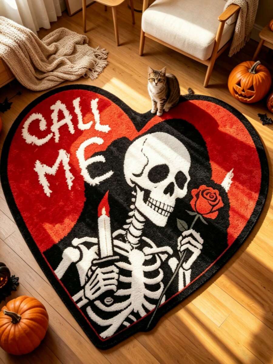 1 pieza Alfombra decorativa con forma de corazón de calavera de Halloween, Alfombra decorativa, Alfombra para sala de estar, Alfombra de otoño/invierno, Alfombra gruesa, Alfombra grande para sala de estar, Alfombra para dormitorio, Decoración del hogar para sala de estar, Alfombra para exteriores, Alfombra lavable - Multicolor - Ver 1