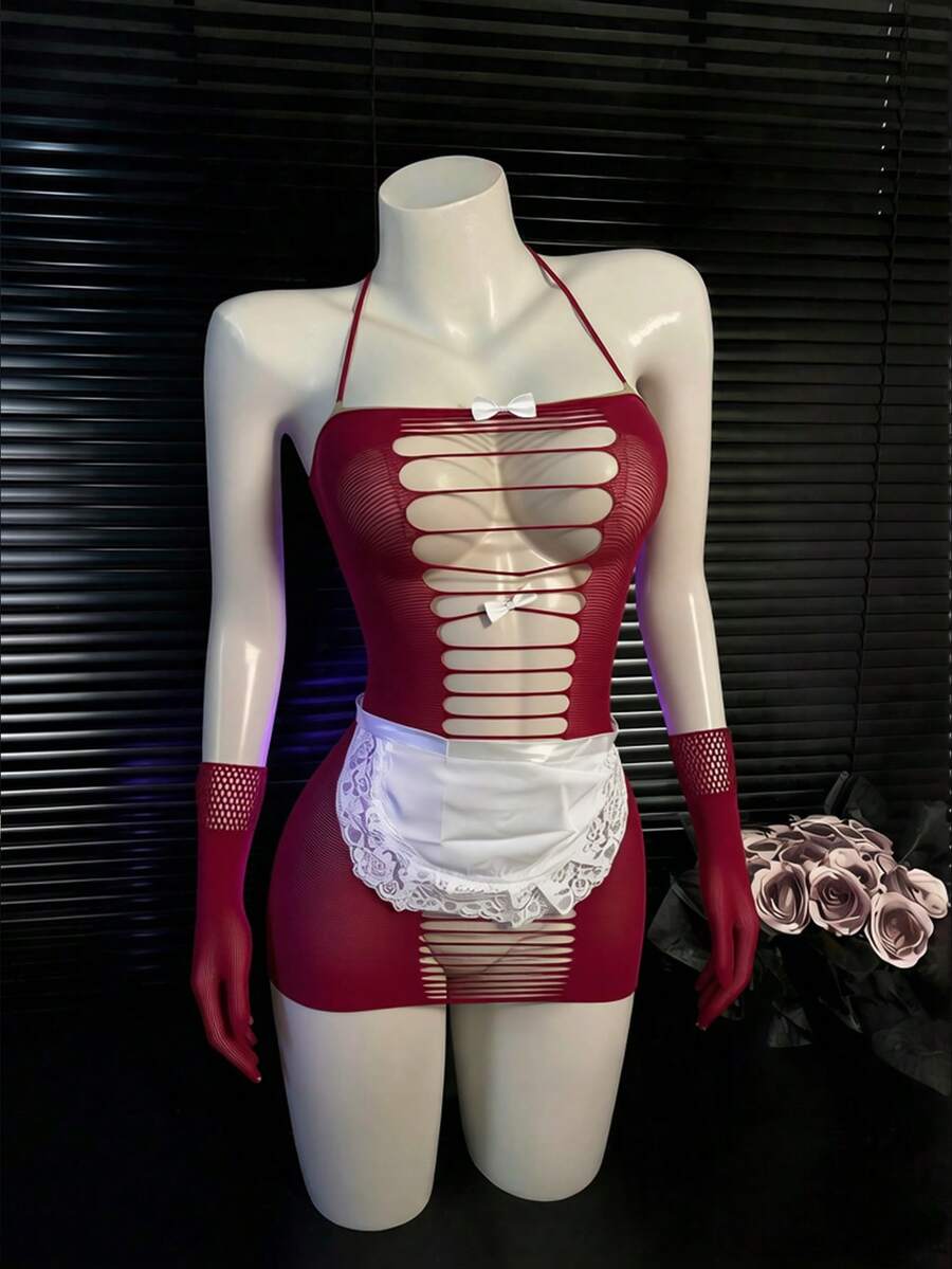 內衣套裝/角色扮演服裝,吊帶背心,魚網連身褲 2 件組睡衣比基尼 - 酒紅色 - 查看 1