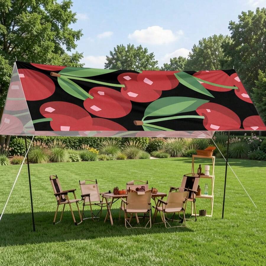 Terpal Pelindung Matahari Motif Cherry, Kanopi Pelindung Matahari Luar Ruangan Besar, Tenda Cetak Modern untuk Taman, Teras, Dekorasi Halaman, Termasuk Tali Pengikat - Merah - View 1