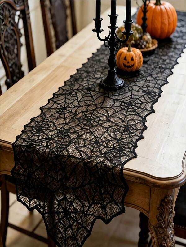 Halloween asymmetrische spinnenweb holle kant zwarte vintage tafelrunner, geschikt voor feestelijke sfeerdecoratie, huisdecoratie, binnen- en buitenkoffietafel, entree, woonkamer, eettafel, terug naar school Halloween herfstdecoratie
