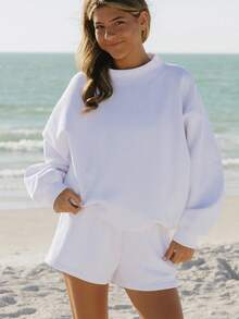 Women's Lazy Style Sweatshirt Shorts Set Oversize Design Sweet Style Versatile For Daily Casual Looks - White - View 1