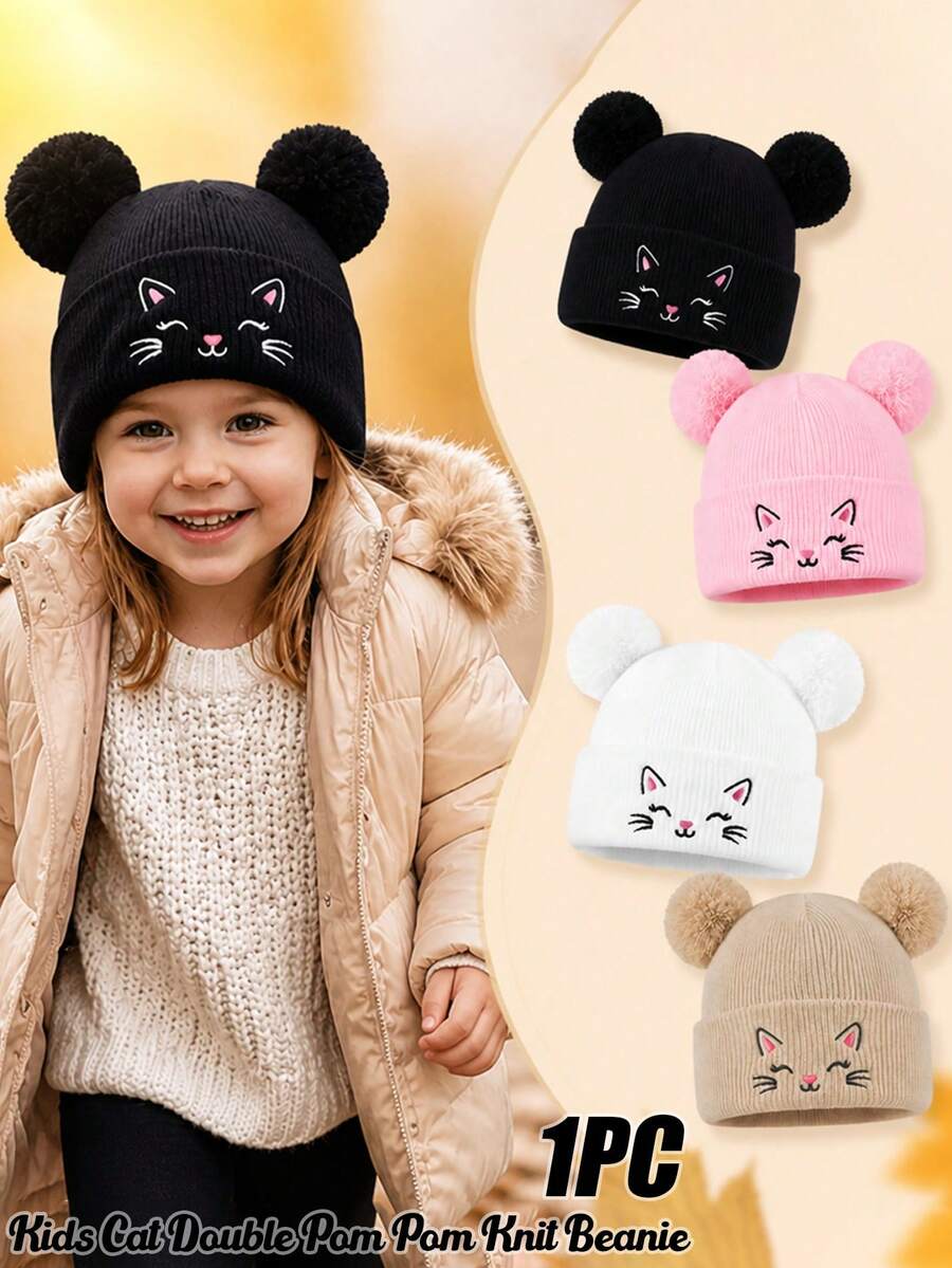 1PC Toddler Cartoon Cat Embroidered Double Pom Pom Knitted Hat, Foldable Soft Warm Beanie, Suitable For Toddler Daily Outings Winter Hat - Multicolor - View 1
