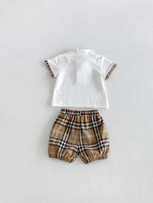 Miniweenns Unisex Baby & Toddler Back To School Summer Letter Embroidered Polo Collar Set, White & Brown Plaid Short Sleeve Top + Shorts 2-Piece Outfit - Multicolor - View 6