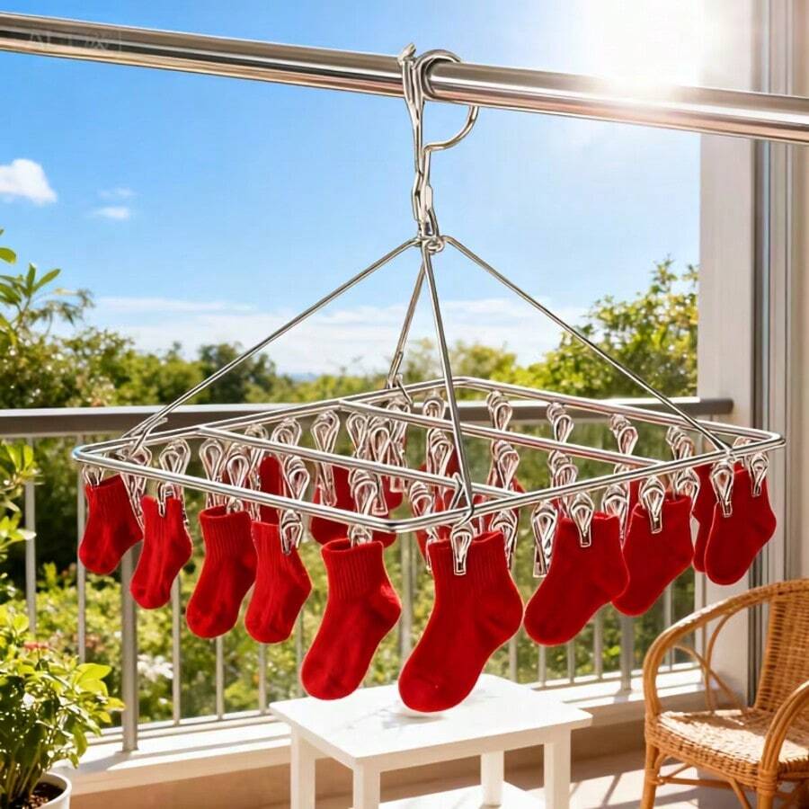 Ever Blooming 40/20/10pcs Stainless Steel Sock Drying Rack, 360° Rotating Windproof Hooks, Multi-Functional Drying Rack, Suitable For Underwear, Bras, Socks, Towels And Laundry Accessories, Suitable For Balcony, Dorm, Window, Indoor, Perfect Gift For Mother's Day And Easter, Closet Storage Rack, Room Decoration