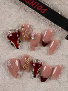 10pcs Red Hand-Painted Fox Rhinestone Short Press-On Nails, Office ...