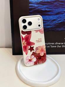 1pc White Matte Minimalist Lens Protection Red Flower English Pattern Phone Case, Personalized For IPhone 16 Pro Max/17/16/15/14/13/12/11/Air And Series - Multicolor - View 5