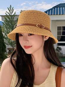 1件女款編織草帽 春夏薄款透氣PU皮革鏤空優雅草帽 沙灘遮陽帽 經典水桶帽 適合日常配戴 - PU皮鏤空漁夫帽 - 查看 14