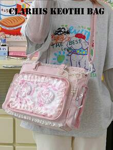 Pink Lace Decorated Ita Tote Bag, Transparent Window Design With Detachable Shoulder Strap, Multiple Pockets, Cute Anime Display Handbag, Purse, Gift - Pink - View 4