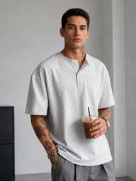 1pc Men's White Floral Gray Henley Neck Short Sleeve T-Shirt, Knit Fabric Breathable Moisture-Wicking Casual Comfortable Tee, Old Money Style, Runs Large, Please Size Down For Better Fit