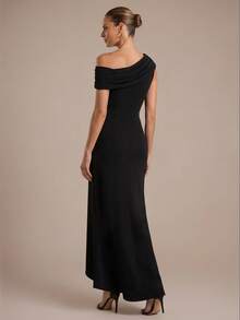EVERPRETTY Elegant Asymmetrical Shoulder Ruffle Mermaid Black Mid-Length Evening Dress, Suitable For Formal Occasions, Evening Parties, Weddings, Guest Dress - Black - View 6