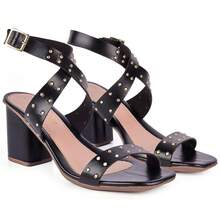 Sandália Feminina Salto Grosso 7,5cm Cravinhos Casual Elegante Confortável Festa Moda  Luxo - Preto - Visão 3