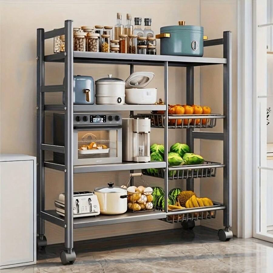 Heavy-Duty Mobile Kitchen Storage Rack With Locking Casters – 4-Tier, 3-Basket Design For Easy Organization In Kitchens, Pantries & Utility Spaces    Sturdy Powder-Coated Steel Frame Supports Daily Use Without Wobbling. Smooth-Rolling Casters Lock Se - Black - View 1