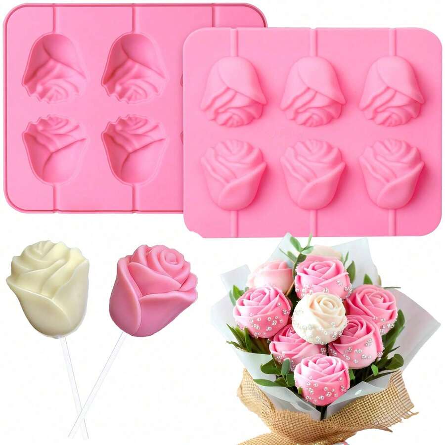 Rose Lollipop Mold 6-Cavity Rose Flower Shape Silicone Mold 3D Flower Heart Shape Mold Birthday Party Candy Chocolate Making DIY Tool - Multicolor - View 1