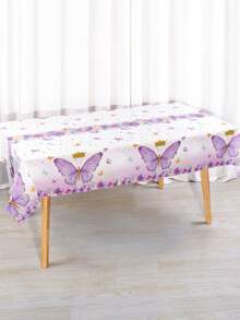 1Pc Disposable Plastic Tablecloth,Purple Butterfly Pattern Rectangle Table Cover For Princess Theme Bridal Shower Baby Shower Birthday Party Decor - Multicolor - View 2