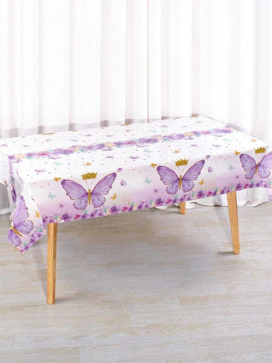 1Pc Disposable Plastic Tablecloth,Purple Butterfly Pattern Rectangle Table Cover For Princess Theme Bridal Shower Baby Shower Birthday Party Decor