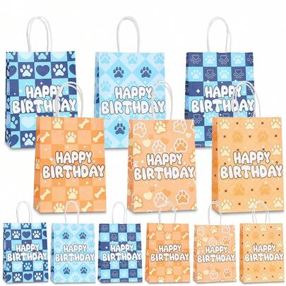12/24PCS Animal Paw Series Kraft Paper Bags, Blue & Orange Minimalist Geometric Pattern Printed Birthday Party Decoration Gift Bags, Suitable For Pet Themed Birthday Party, Outdoor Gathering Gift Packaging Bags, Happy Birthday
