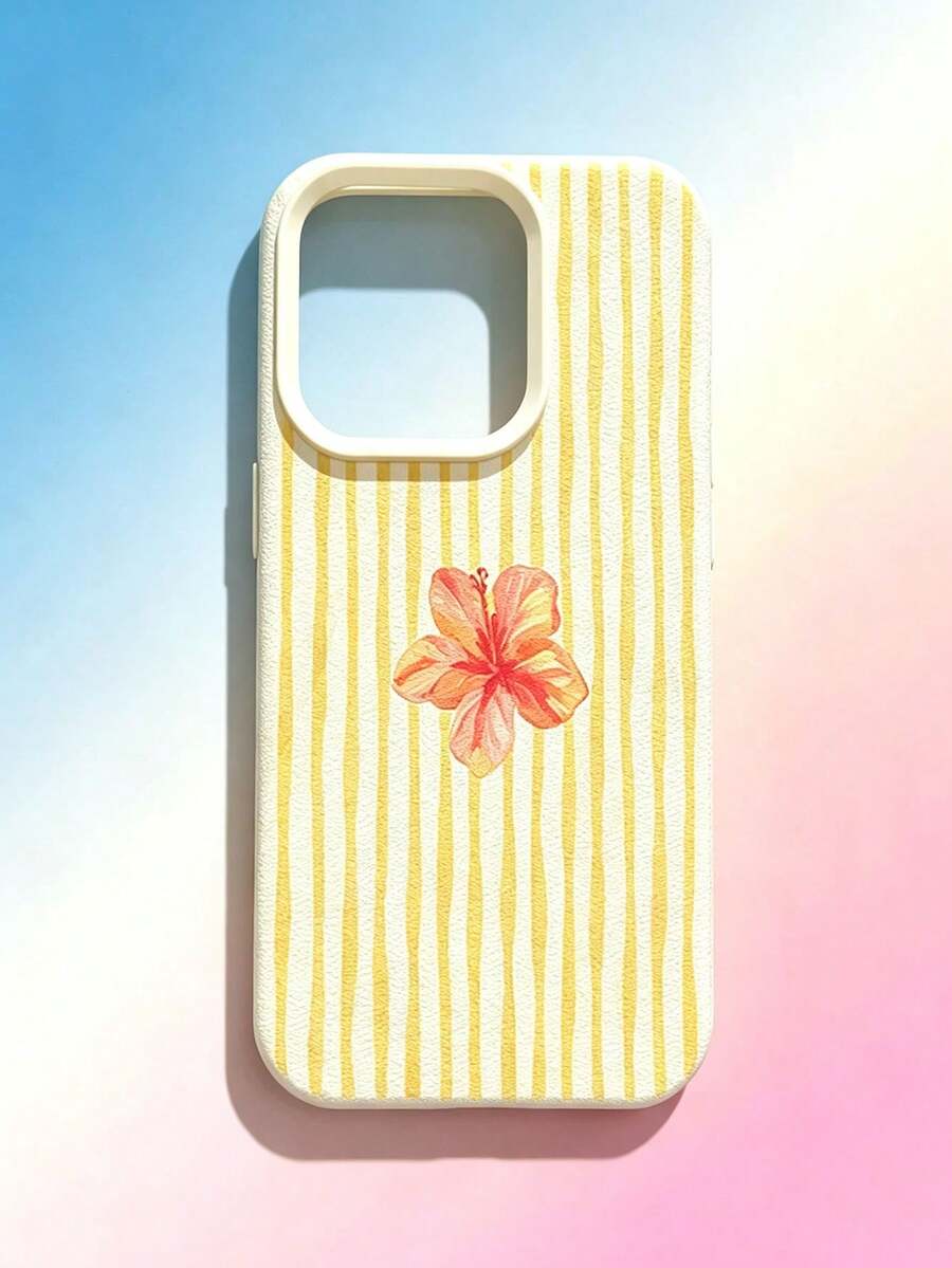 1PC Fashion Yellow Stripe Pink Flower Sweet Pattern Lychee Texture Phone Case Compatible With Apple 17Promax/16Pro/15Promax/14plus/13Pro/12Promax/11 Protective Cover - Beige - View 1