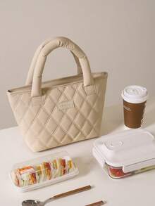 Quilted Diamond Pattern Handheld Lunch Bag, Skin-Friendly Texture, New Fashion Large Capacity Insulated Lunch Bag, Portable Handbag, Women's Multi-Functional Lunch Bag, Suitable For Office Meal, Commuting, Daily Insulation, Lunch Bag & Pencil Case Set - Multicolor - View 3