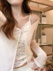 Korean Style White Off-Shoulder Long Sleeve T-Shirt Women's Summer Sun Protection Sheer Top Floral Camisole Set - White - View 6