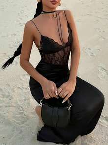 Chic Women's Semi-Sheer Bodycon Sundress, Sleeveless With Spaghetti Straps And Lace Detail For A Formal Look - Black - View 2
